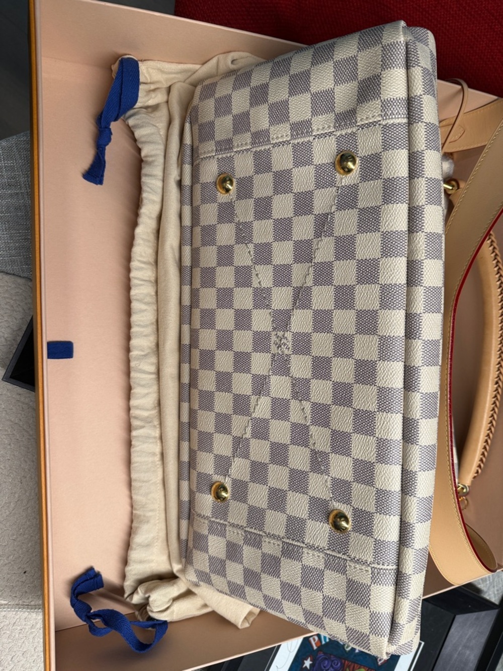 Louis Vuitton Damier Azur Check Hobo Shoulder Bag with Tan Trim - Picture 7 of 16